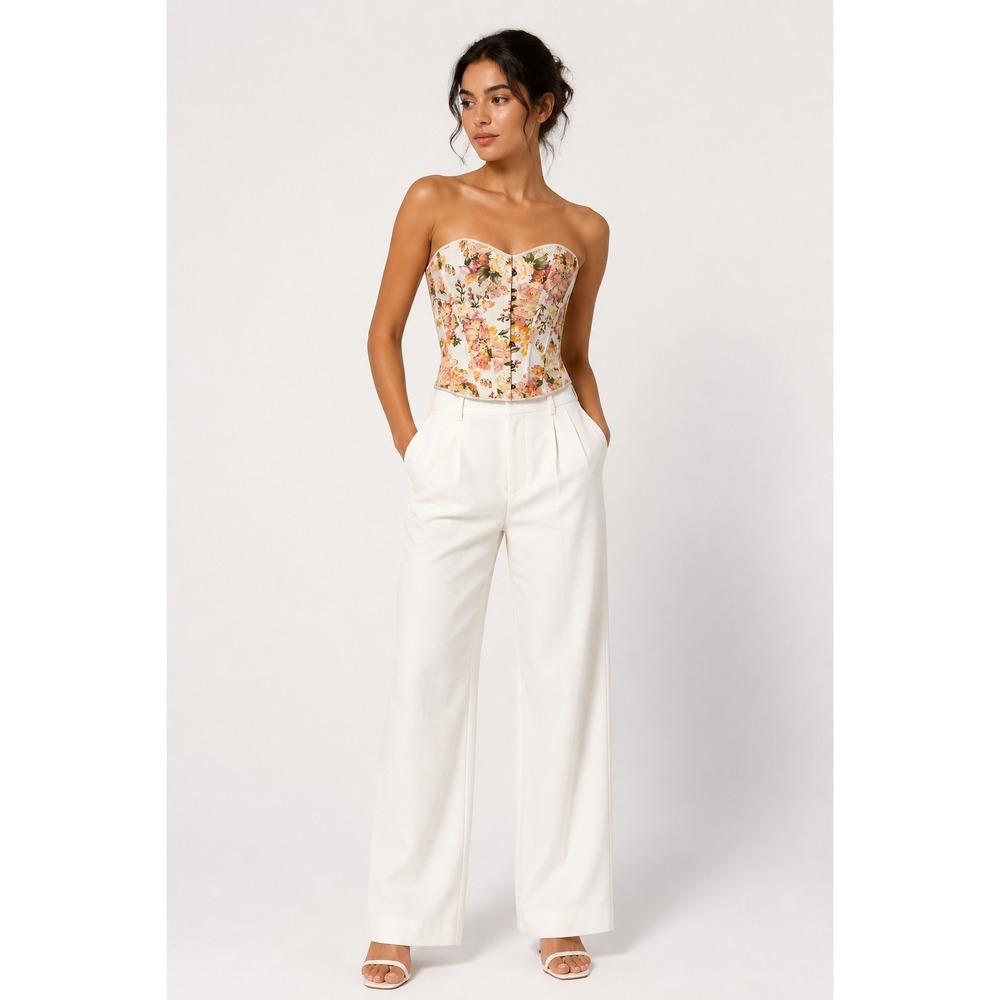 Vaacodor Floral Corset Top Strapless Lace Up Back Pink Orange White Large